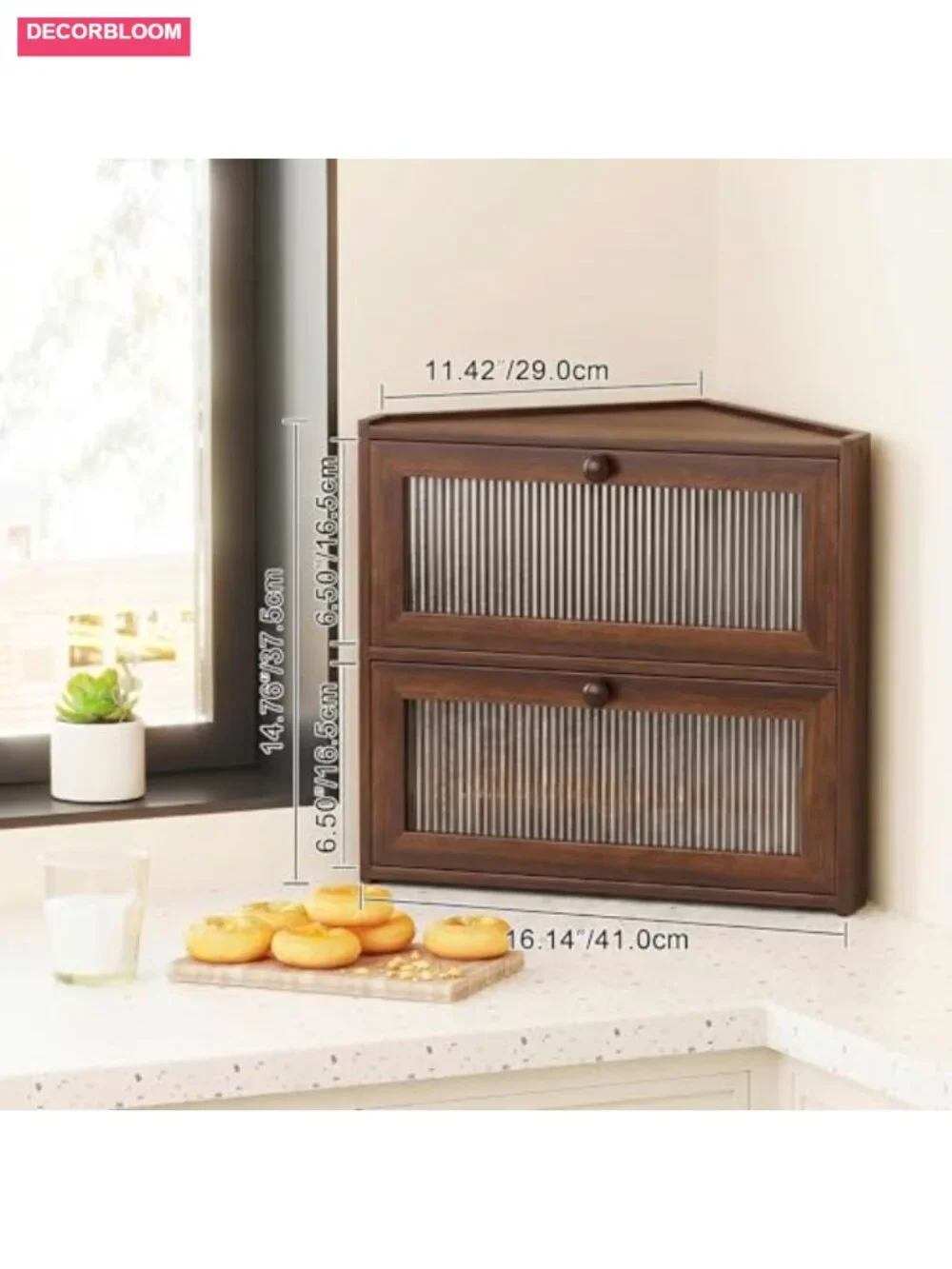 Bamboo Corner Bread Box Double Layer with Magnetic Door Farmhouse Kitchen